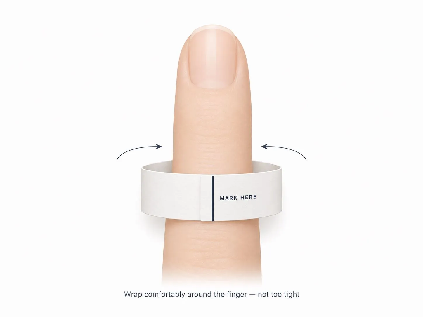 Paper strip wrapped comfortably around a finger with the overlap point marked for ring-size measurement