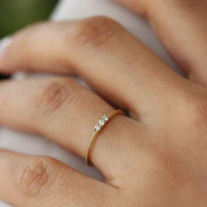 925 Silver 3 Stone Beaded Diamond Ring