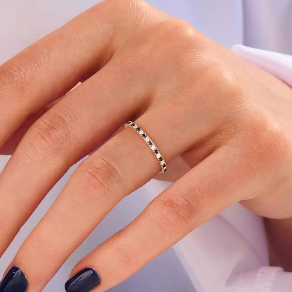 925 Silver Alternating Diamond and Sapphire Silver Ring