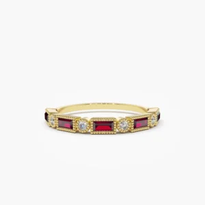 925 Silver Baguette Ruby and Diamond Ring