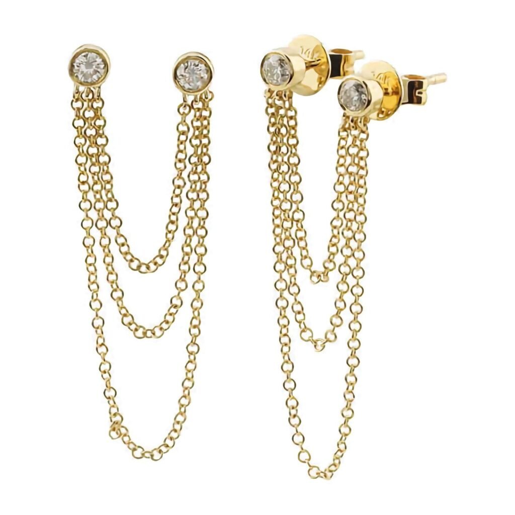 925 Silver Bezel Diamond Triple Chain Earring