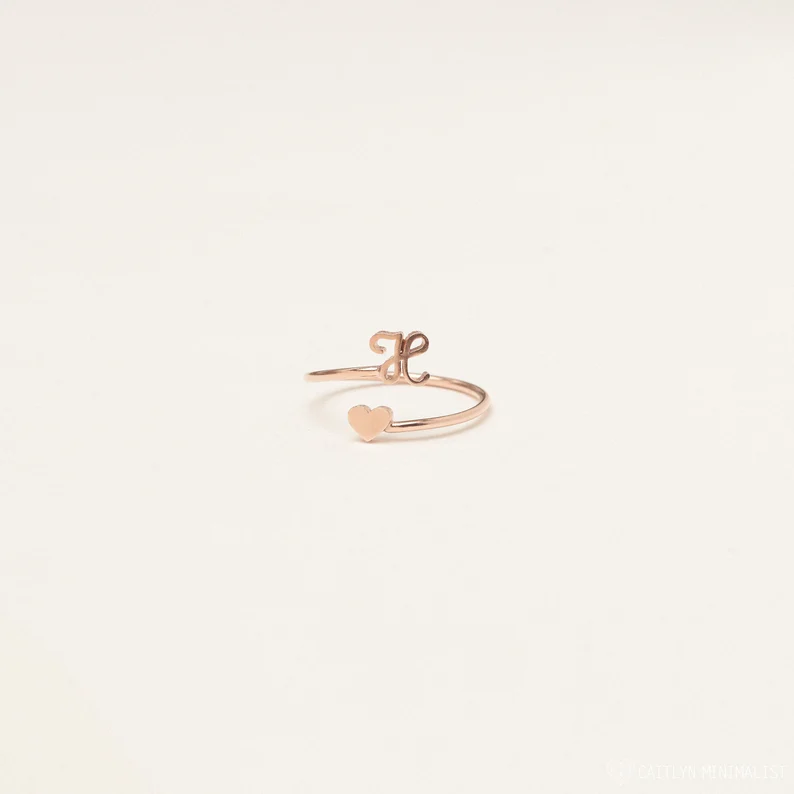 925 Silver Dainty Initial Heart Ring