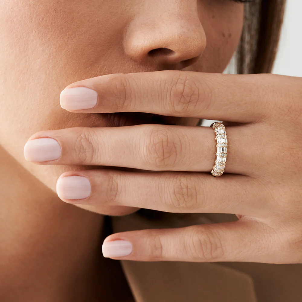 925 Silver Dome Baguette Diamond Anniversary Ring