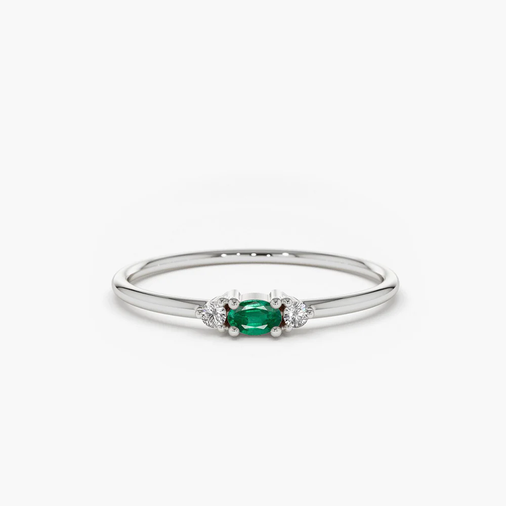 925 Silver Emerald Ring with Diamonds Ring