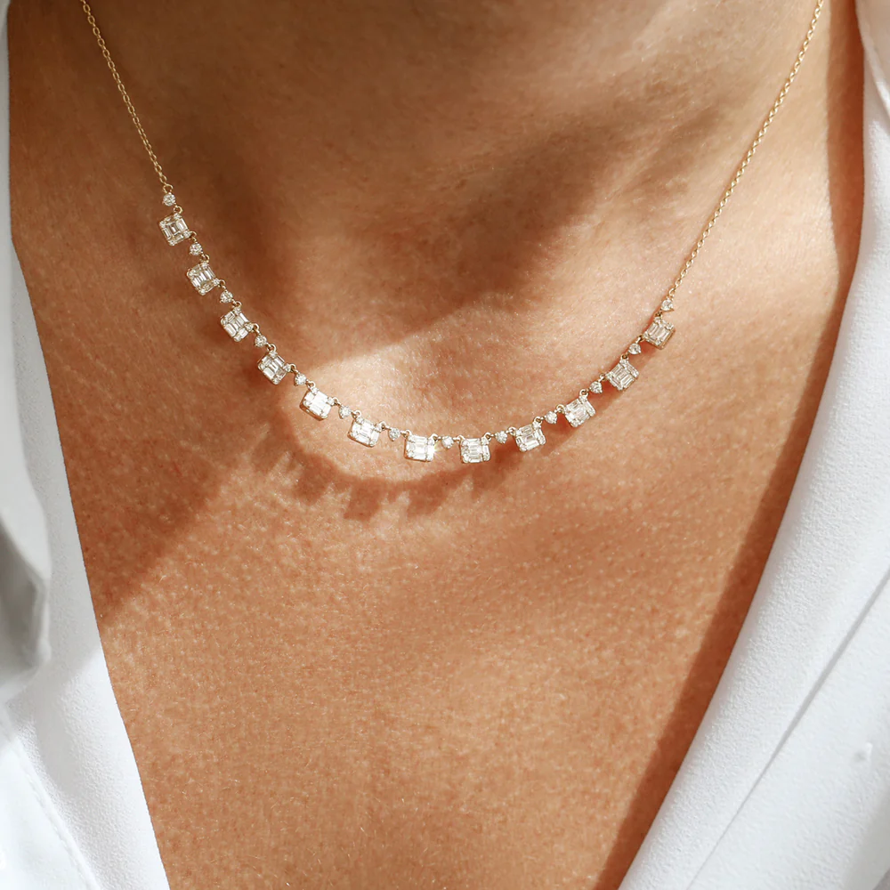 925 Silver Illusion Setting Baguette & Diamond Statement Necklace