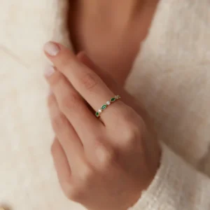 925 Silver Marquise Emerald and Diamond Wedding Band