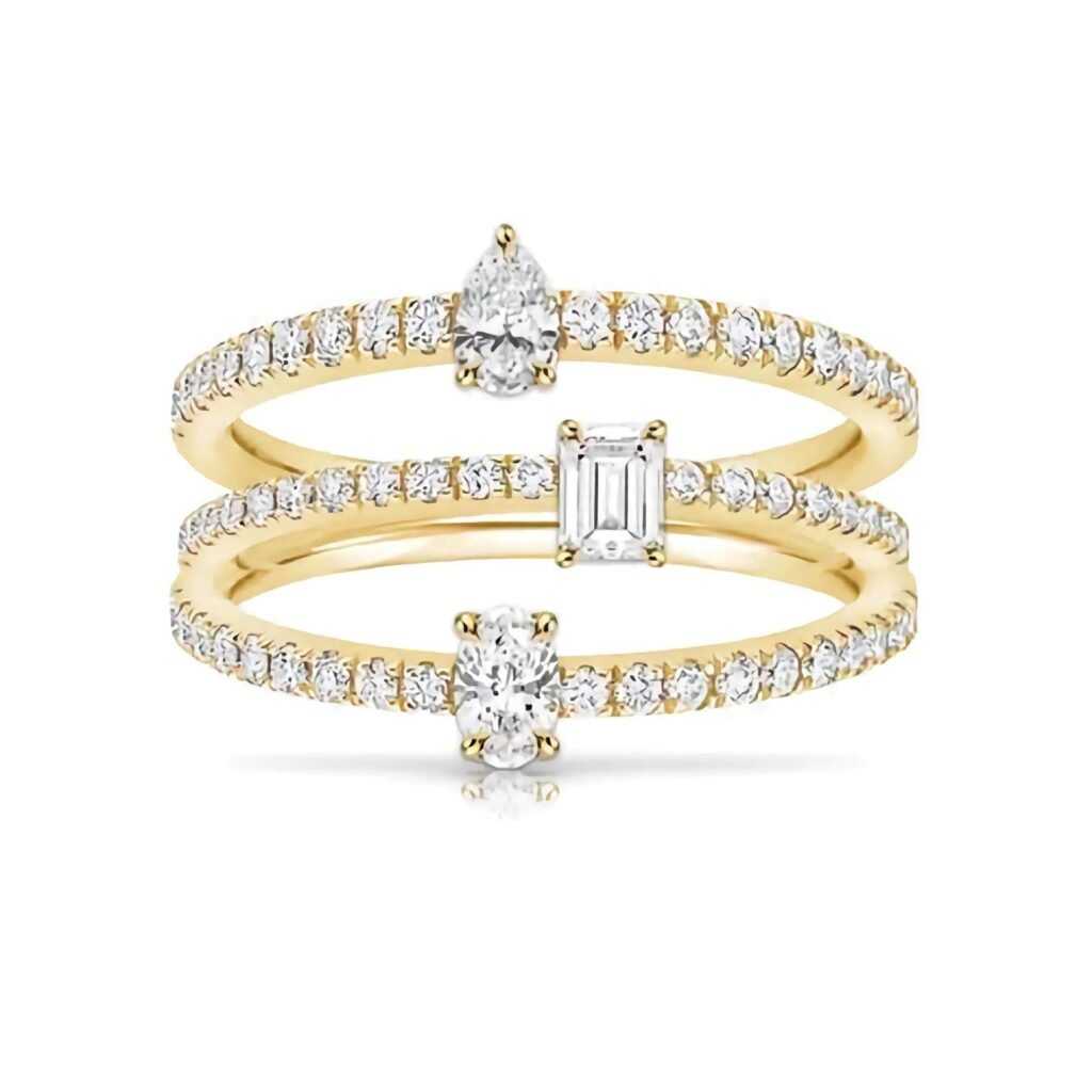 925 Silver Multi-shape 3-Row Diamond Ring