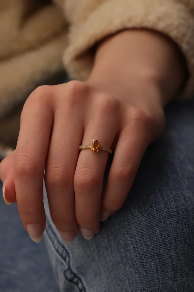 925 Silver Orange Stone Diamond Engagement Ring