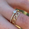 925 Silver Oval Chain Double Ring with smooth and stone-set bands