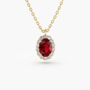 925 Silver Oval Cut Ruby Halo Diamond Necklace