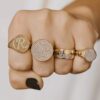 Pavé CZ initial signet ring in thick gold plating