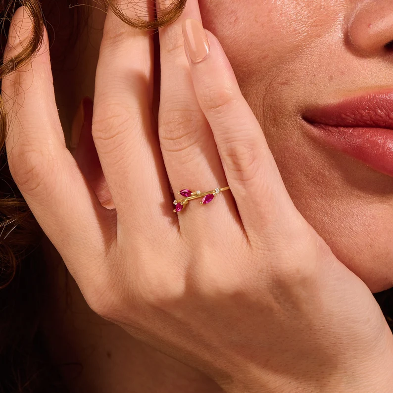 925 Silver Ruby Leaf Silver Ring