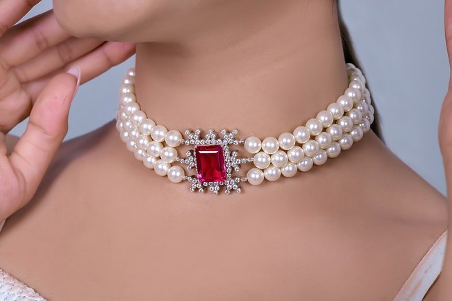 925 Silver Ruby & Pearl Choker Necklace