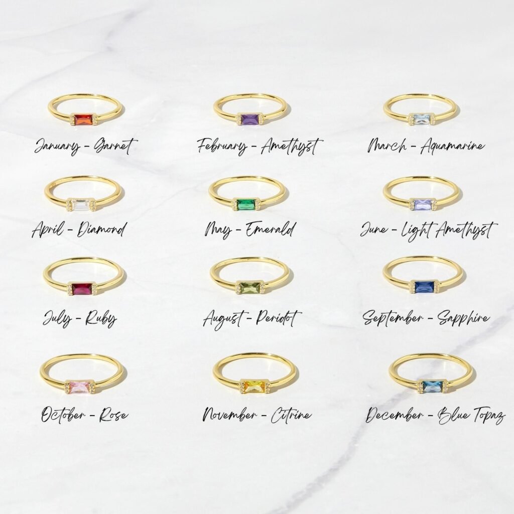 925 Silver Simple Baguette Birthstone Rings