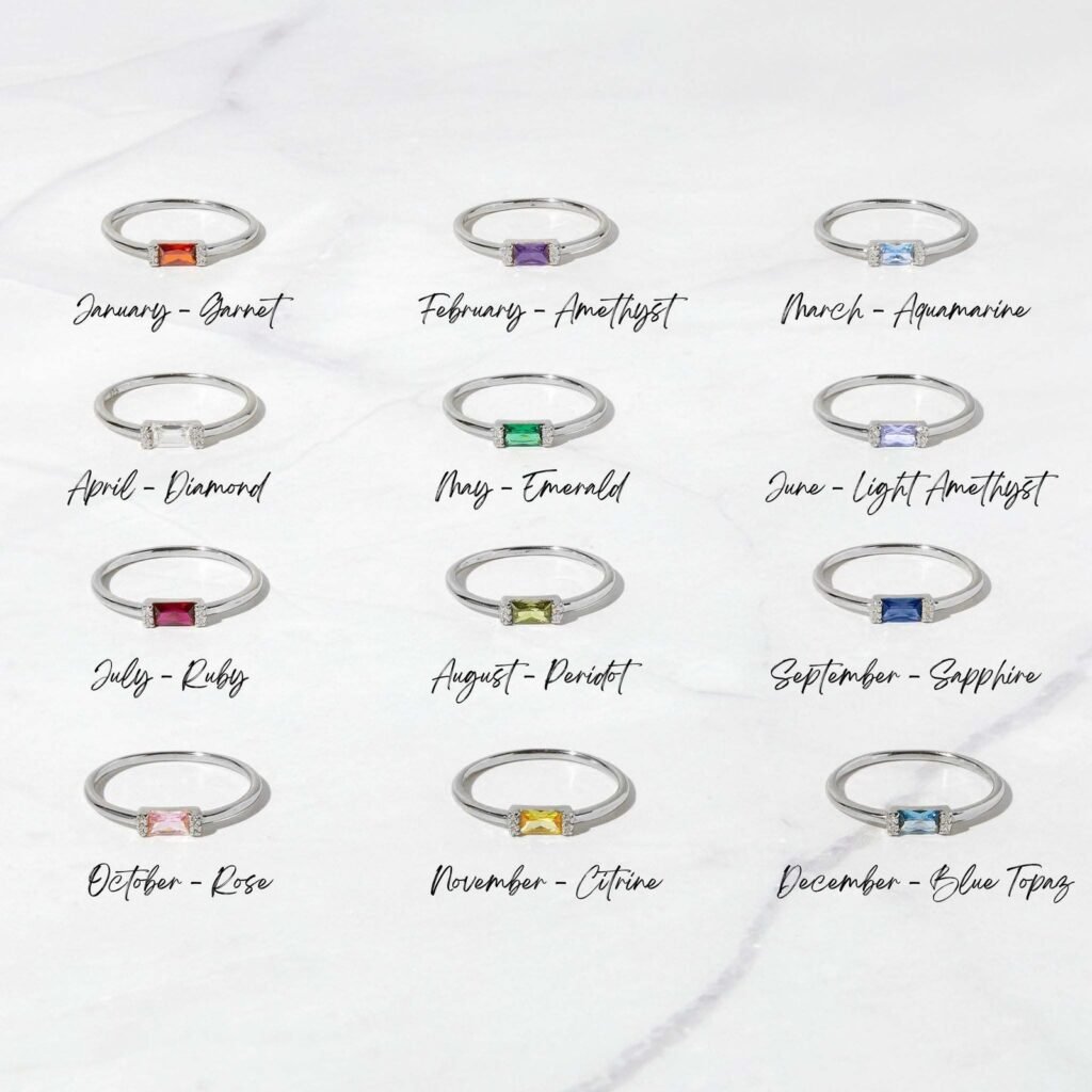 925 Silver Simple Baguette Birthstone Rings