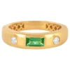 Three-stone sterling silver ring with emerald and diamond accents
