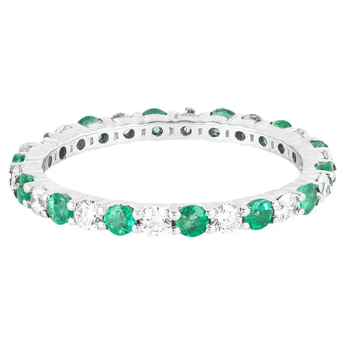 925 Sterling Silver 1.34 Carat Diamond and Emerald Brilliant Cut Eternity Band Ring