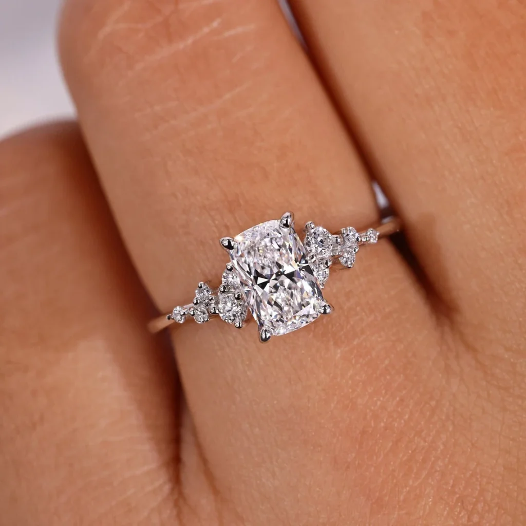 925 Sterling Silver 1 CT Elongated Cushion Cut Diamond Snowdrift Engagement Ring