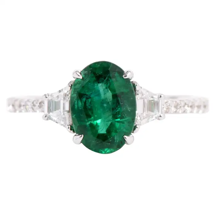 925 Sterling Silver 2.20 Carat Emerald and Diamond Ring