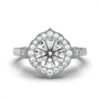 Halo engagement ring with round centre stone and matching side stones