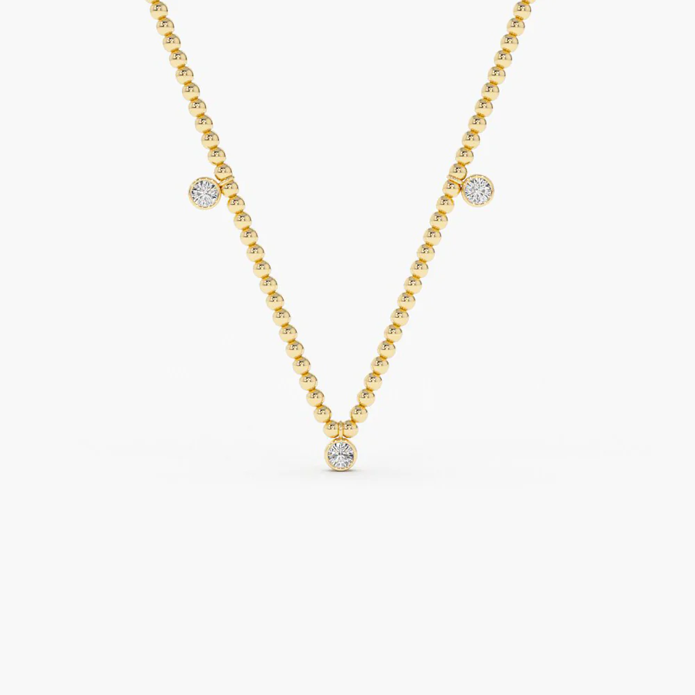 925 Sterling Silver 2MM Bead Necklace with Dangling Bezel Setting Diamonds