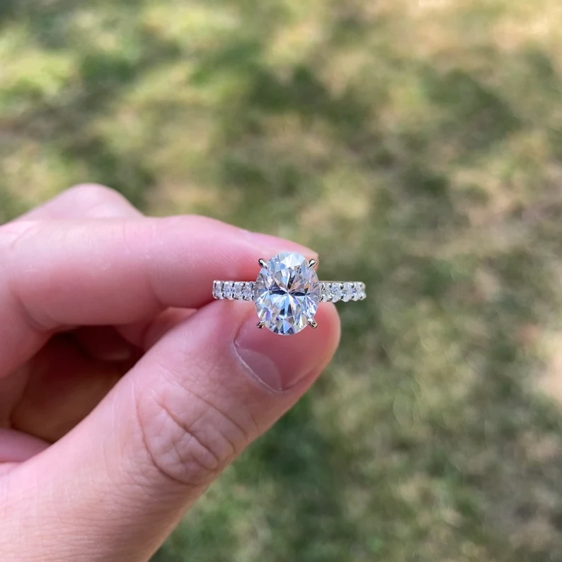 925 Sterling Silver 3 Carat Brilliant Oval Cut Pave Engagement Ring