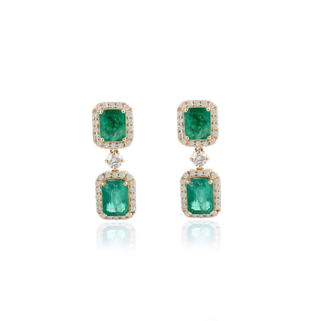 925 Sterling Silver 4Ct Emerald and Diamond Dangle Earrings