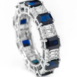 925 Sterling Silver 5.26 Carat Emerald-Cut Sapphire and Diamond Eternity Band Ring