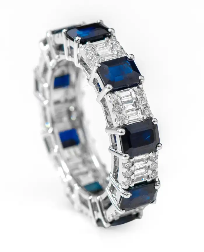 925 Sterling Silver 5.26 Carat Emerald-Cut Sapphire and Diamond Eternity Band Ring