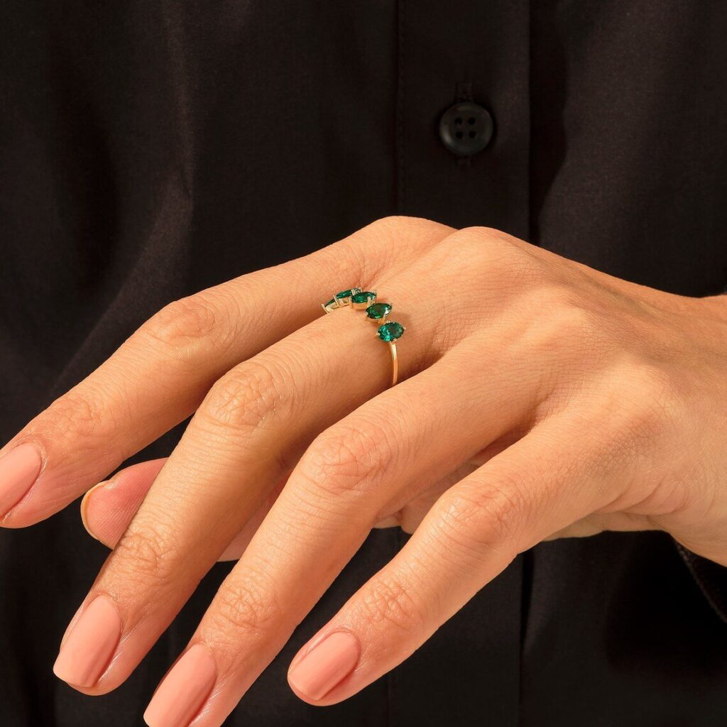925 Sterling Silver 5 Stone Oval Emerald Ring