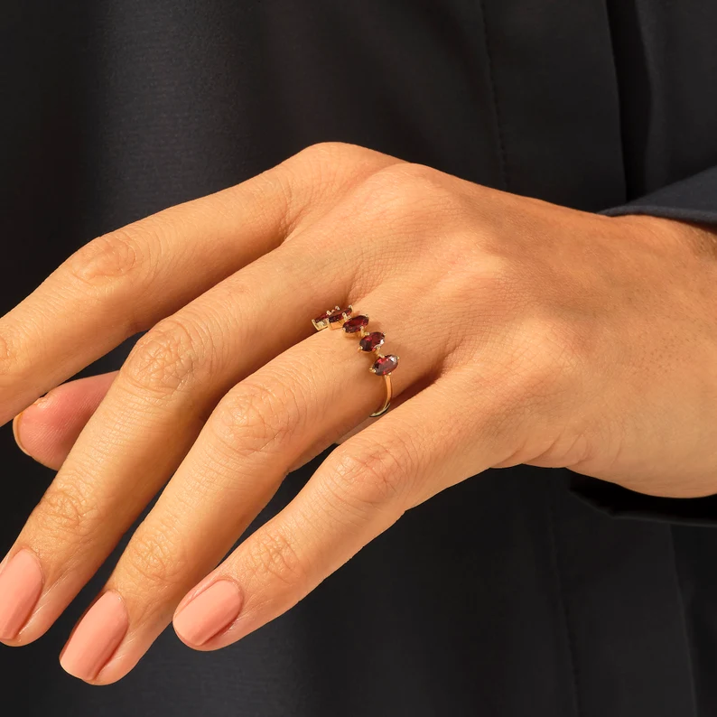 925 Sterling Silver 5 Stone Oval Garnet Ring
