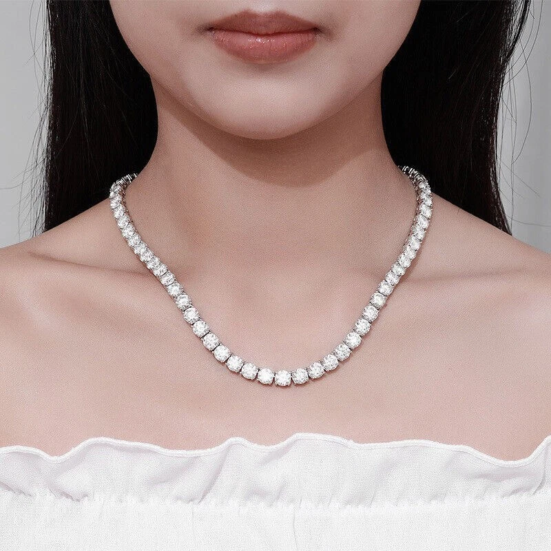 925 Sterling Silver 60.37ctw 6.35mm Round Diamond 16 Inches 4 Prong Tennis Necklace
