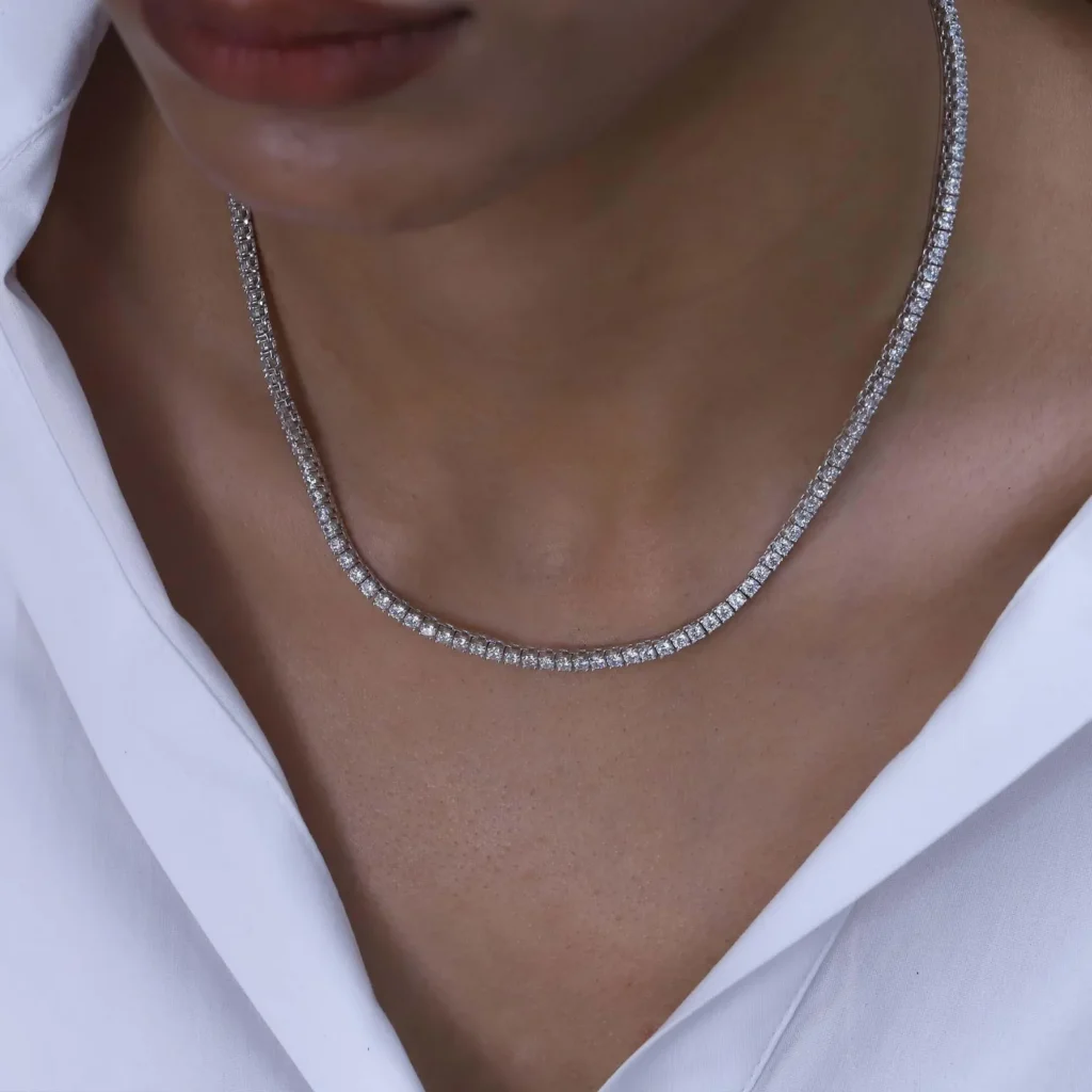925 Sterling Silver 61.36ctw 5.00mm Round Diamond 26 Inches 4 Prong Classic Tennis Necklace