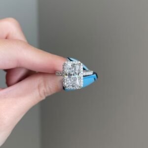 925 Sterling Silver 6ct Crushed Ice Radiant Halo Pave Basket Triple Pave Engagement Ring