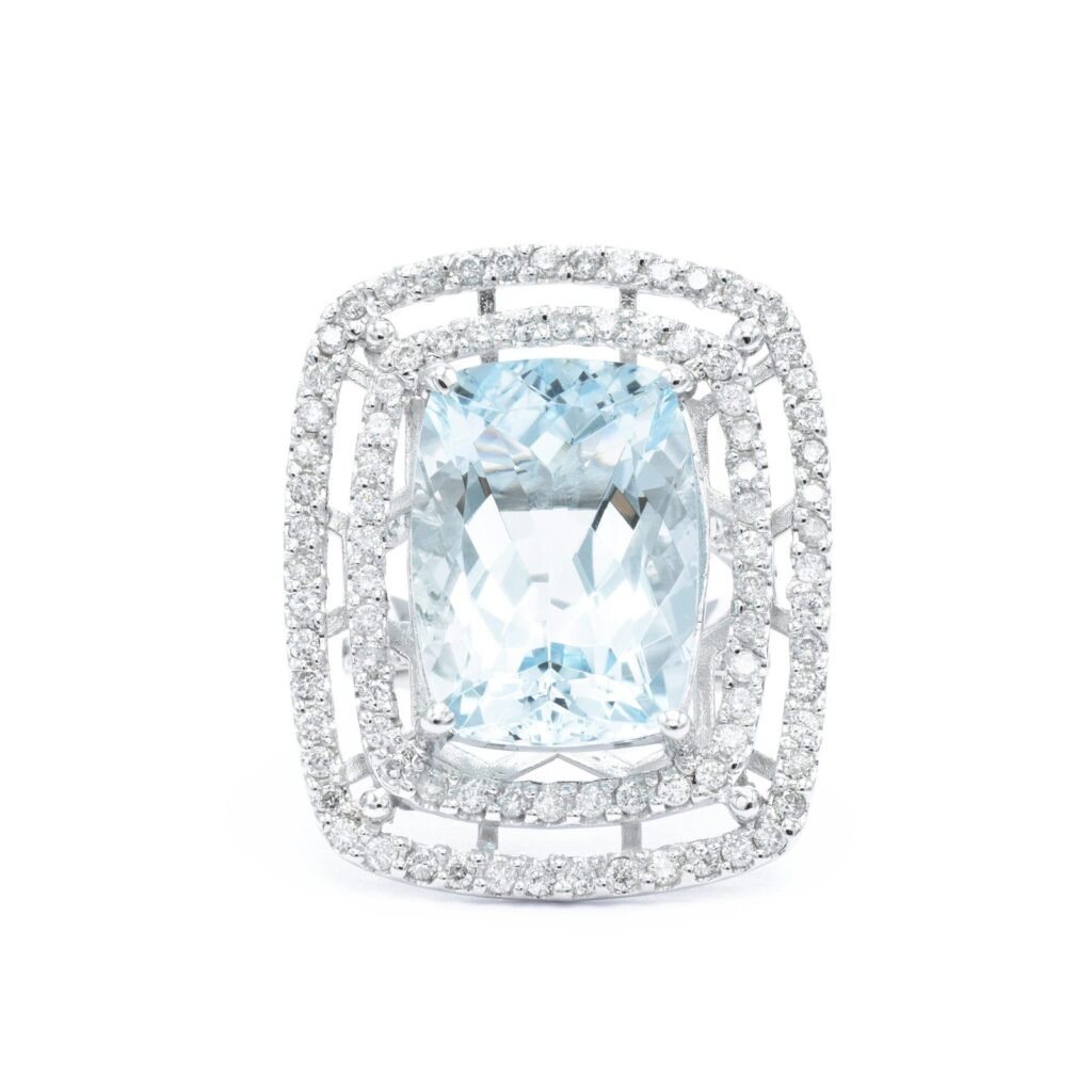 925 Sterling Silver Aquamarine and Diamond Ring