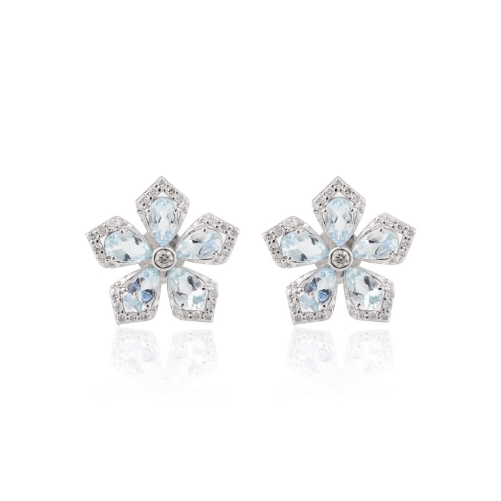 925 Sterling Silver Aquamarine Flower Stud Earrings