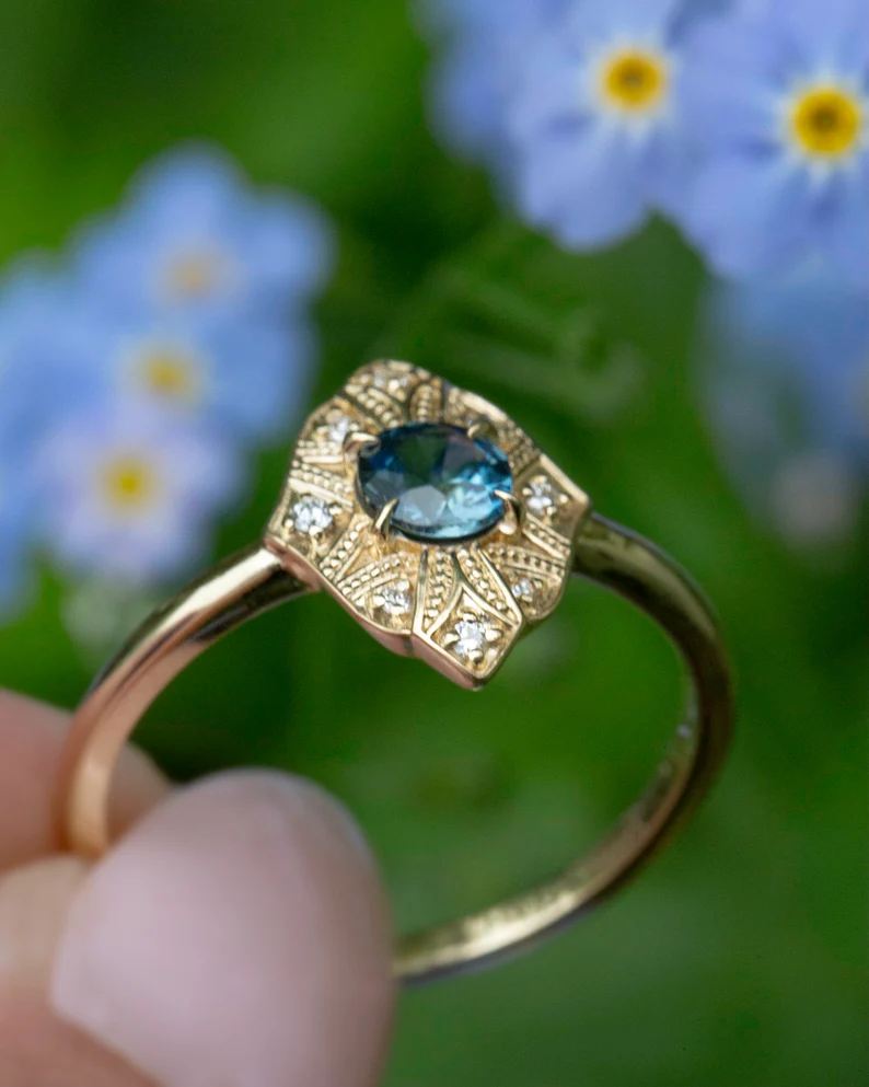 925 Sterling Silver Art Deco Montana Sapphire Ring