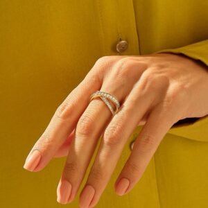 925 Sterling Silver Ascending Pave Diamond Crossover Ring Unique X Design