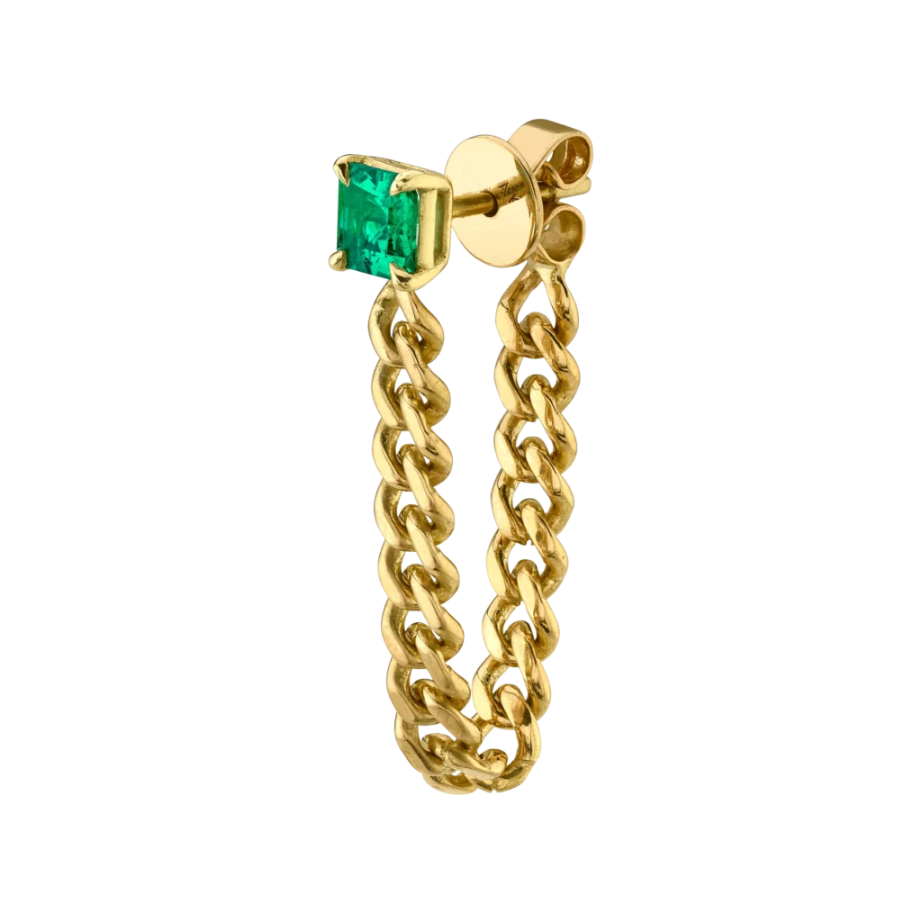 925 Sterling Silver Asscher Cut Emerald Cuban Link Loop Earring