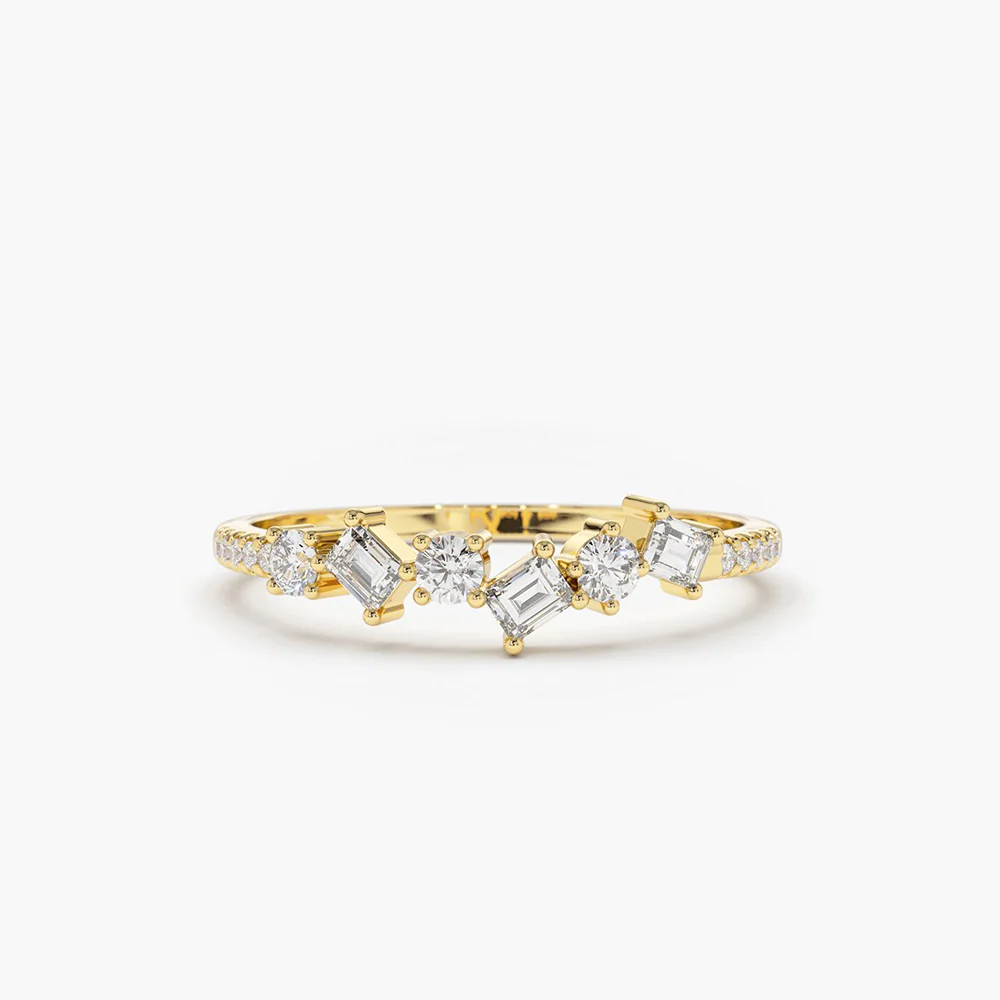 925 Sterling Silver Asymmetrical Baguette and Round Diamond Wedding Ring