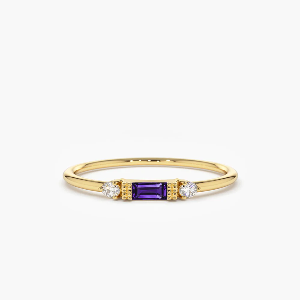 925 Sterling Silver Baguette Amethyst With Diamond Ring