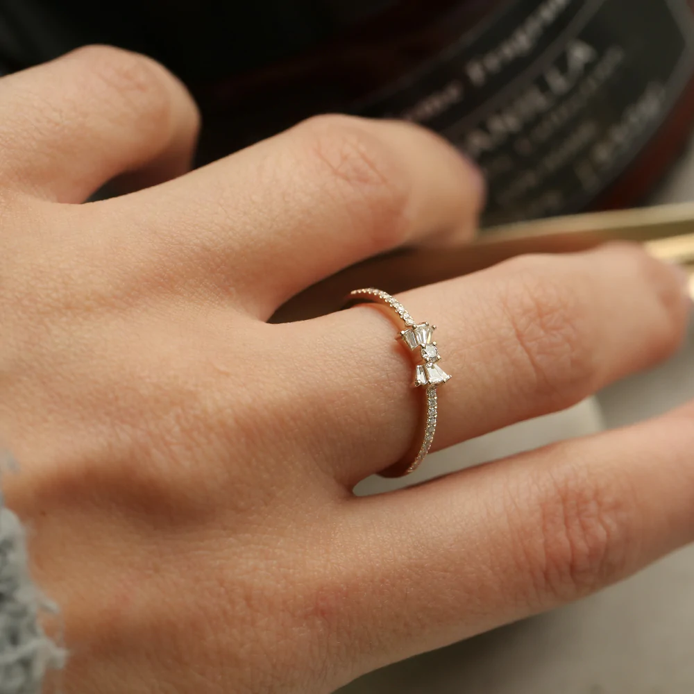 925 Sterling Silver Baguette and Round Diamond Bow Ring