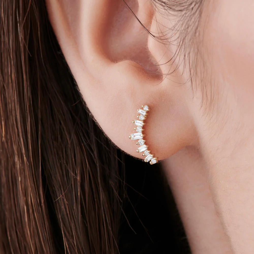 925 Sterling Silver Baguette and Round Diamond Ear Crawler Earrings