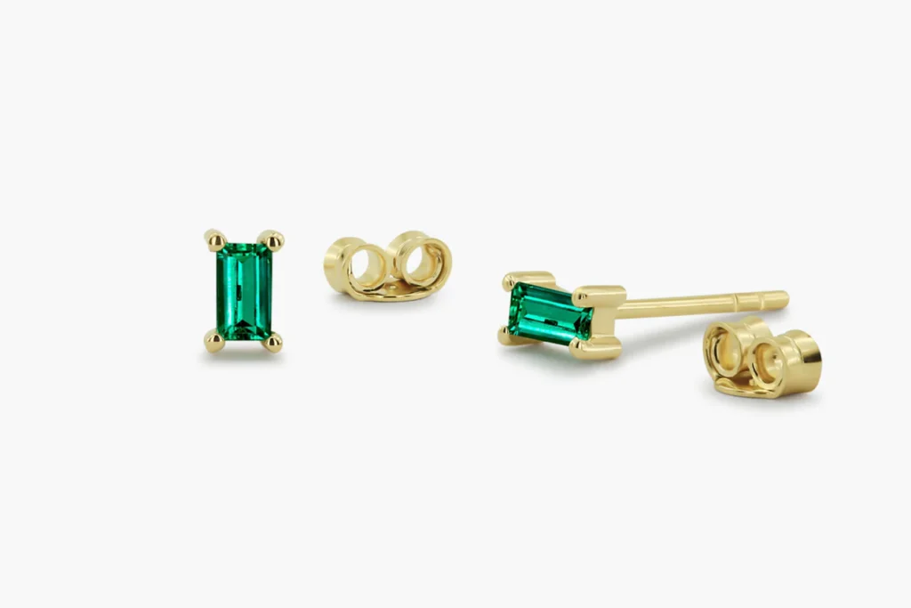 925 Sterling Silver Baguette Cut Emerald Studs