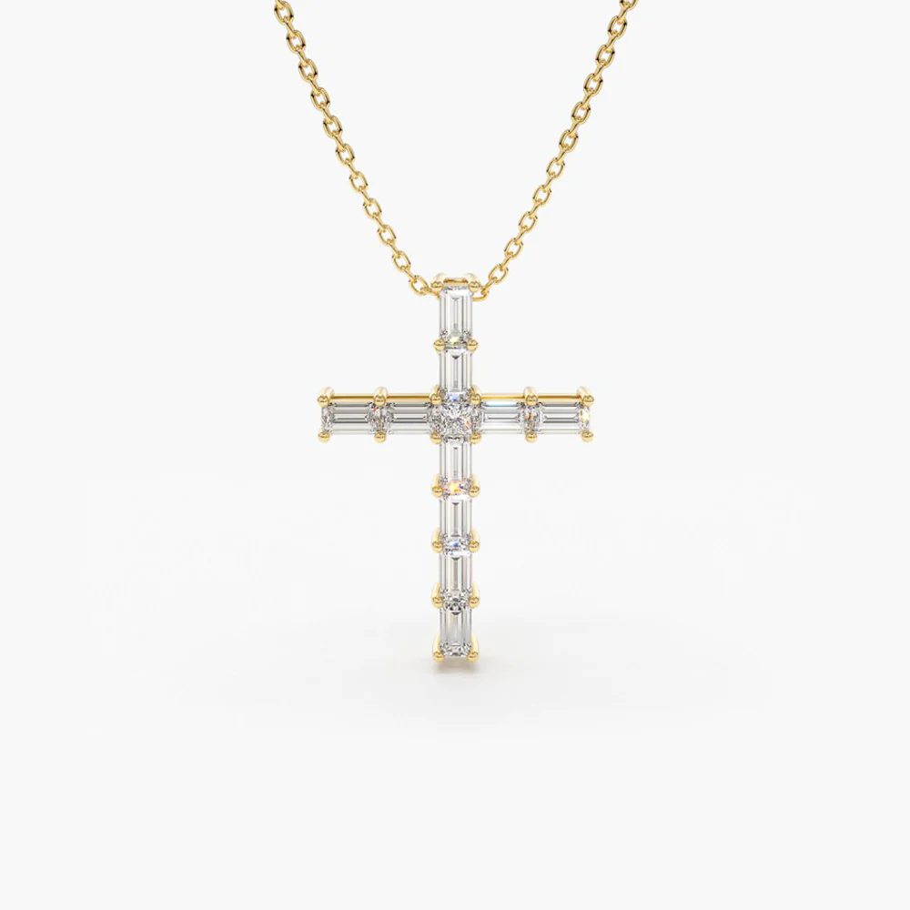925 Sterling Silver Baguette Diamond Cross Necklace