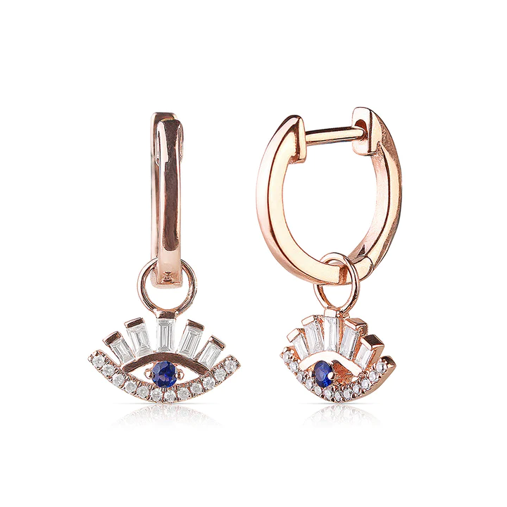 925 Sterling Silver Baguette Diamond Evil Eye Charm Earrings