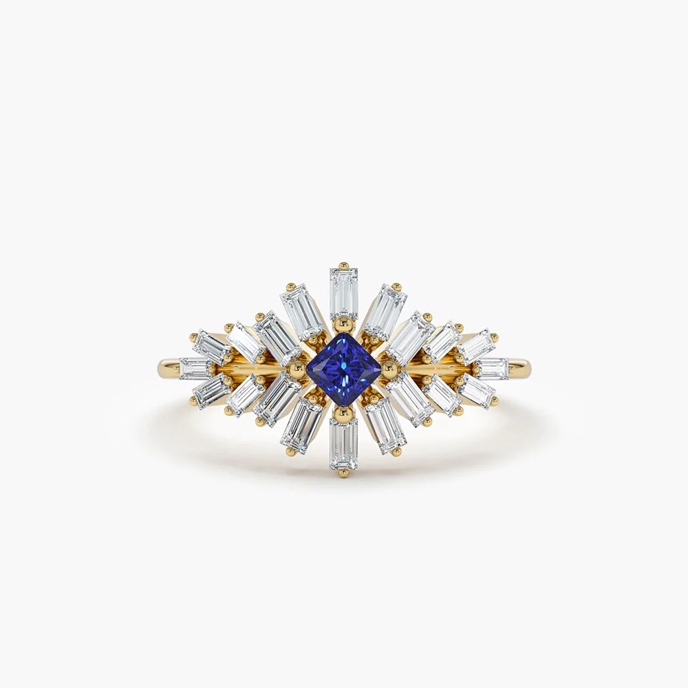 925 Sterling Silver Baguette Diamond Ring with Square Sapphire