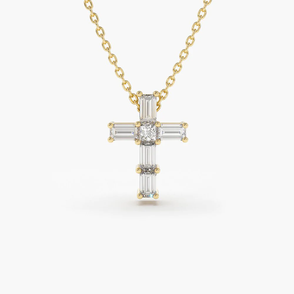 925 Sterling Silver Baguette Diamond Tiny Cross Necklace