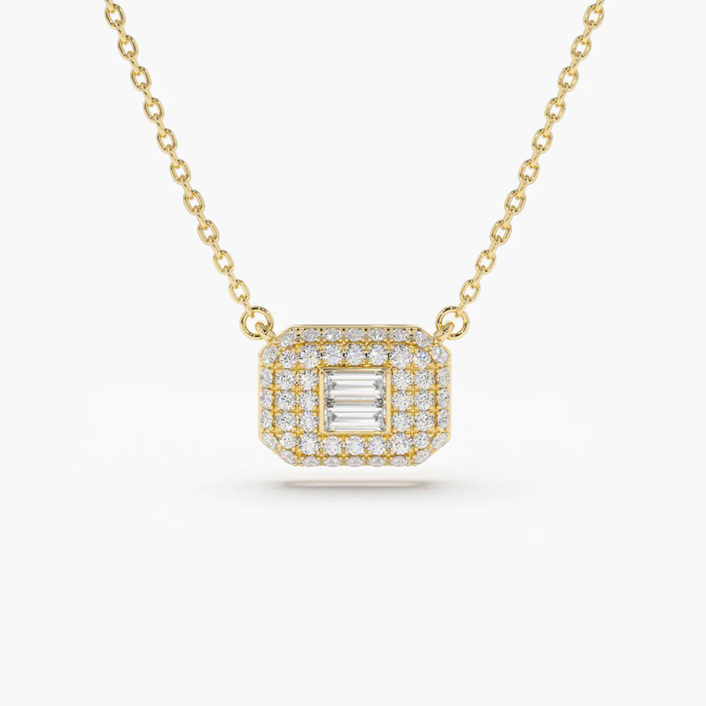 925 Sterling Silver Baguette Diamond with Pave Diamond Necklace
