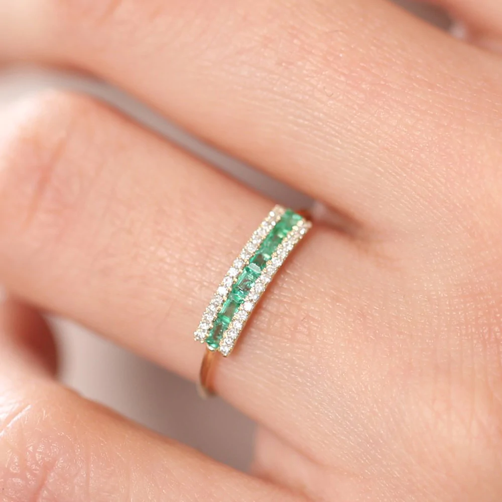 925 Sterling Silver Baguette Emerald and Diamonds Ring